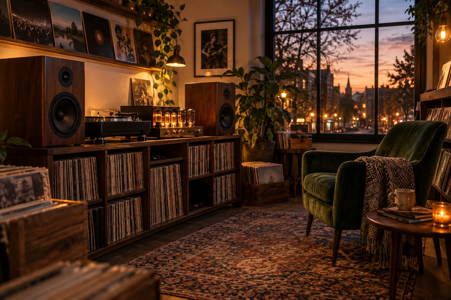 A listening corner in a record shop.