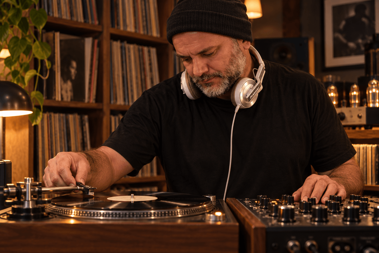 Marcos Argañaraz como DJ, frente a los controles de un tocadiscos y rodeado de discos de vinilo.