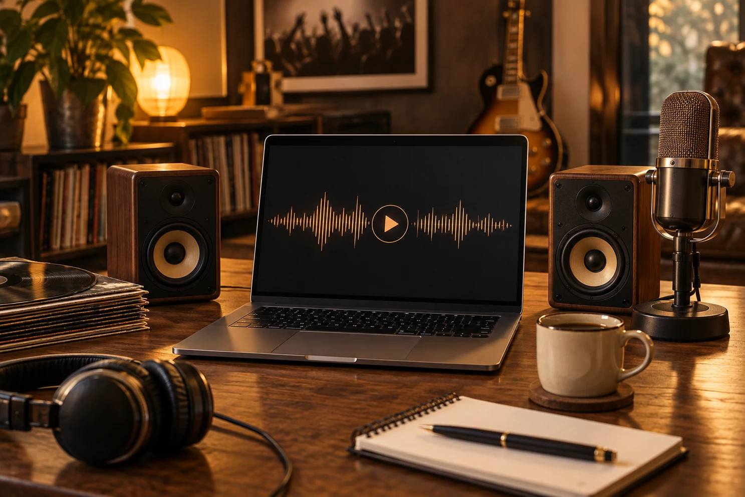 Computer with an audio player and speakers.