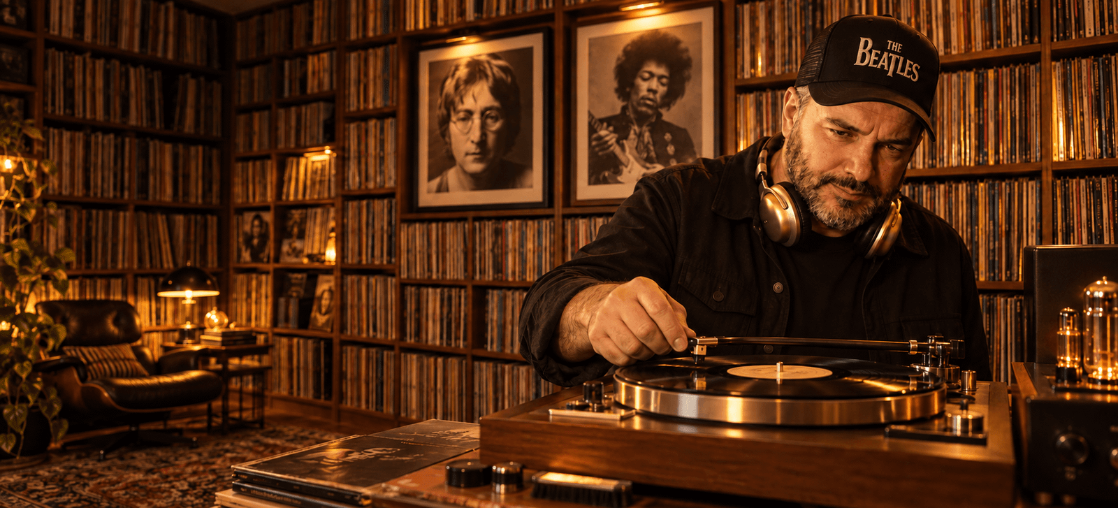 Marcos Argañaraz wears a Beatles cap and lowers the stylus in front of a turntable, surrounded by record shelves and portraits of John Lennon and Jimi Hendrix.