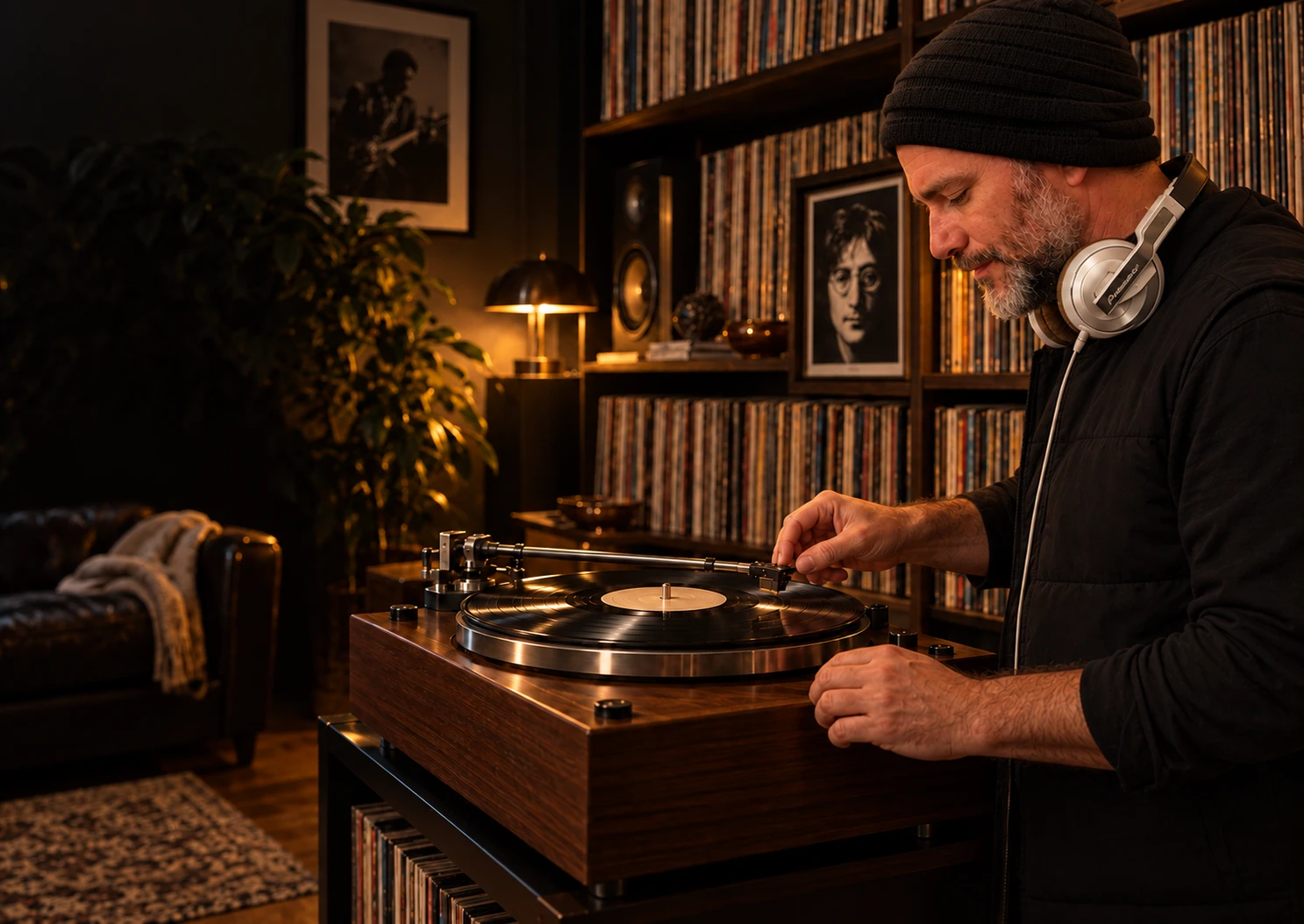 A composition of Marcos Argañaraz by a turntable and record collection.