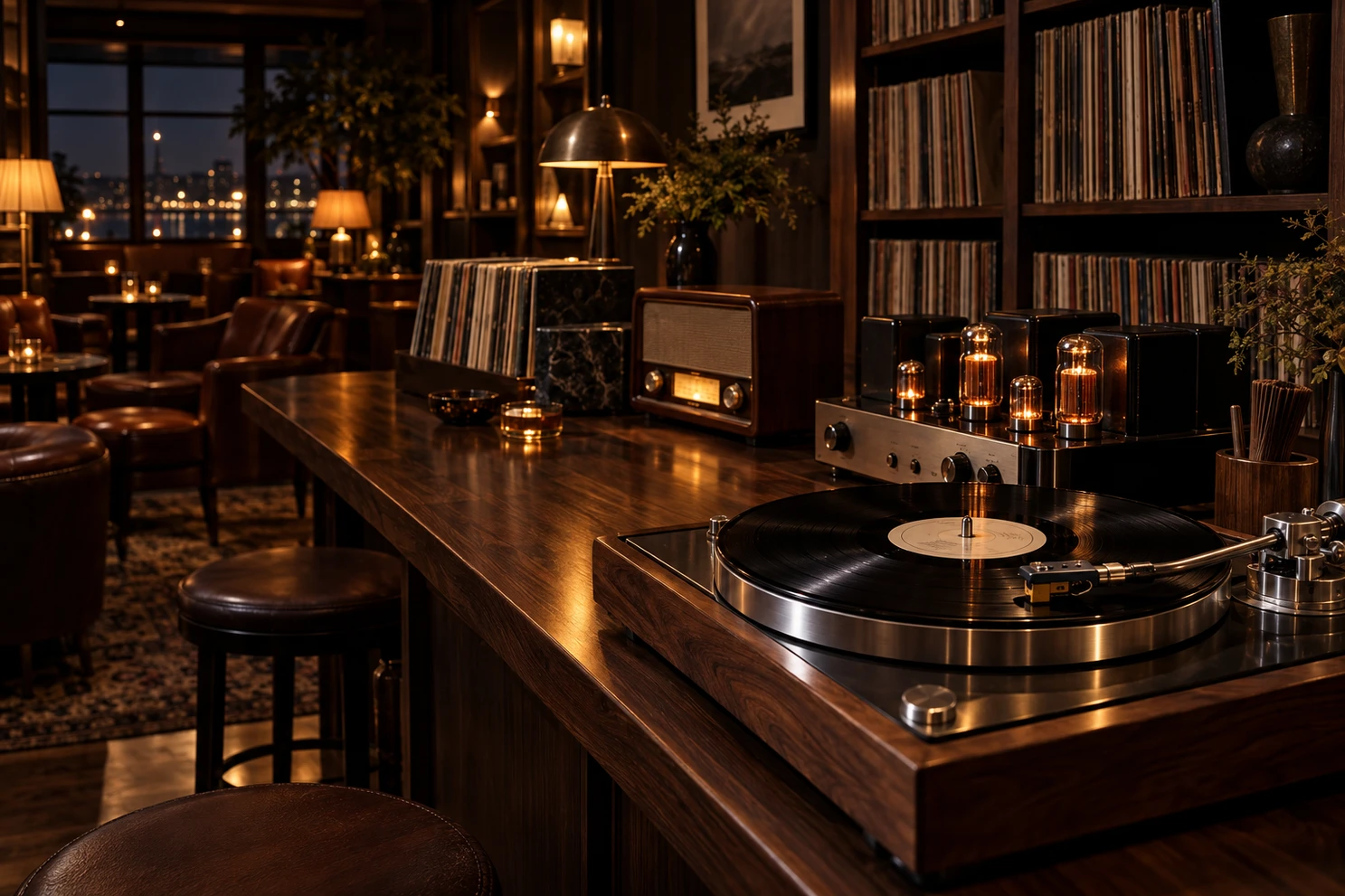 Un rincón de escucha con tocadiscos, radio y biblioteca de vinilos.