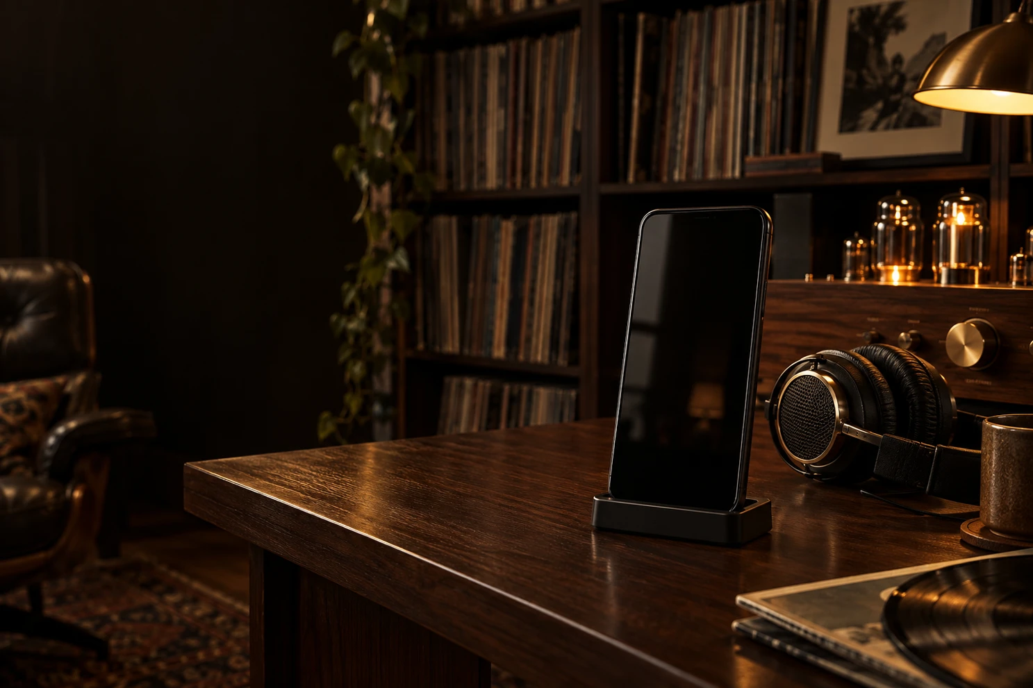 A phone and headphones beside a tube radio.