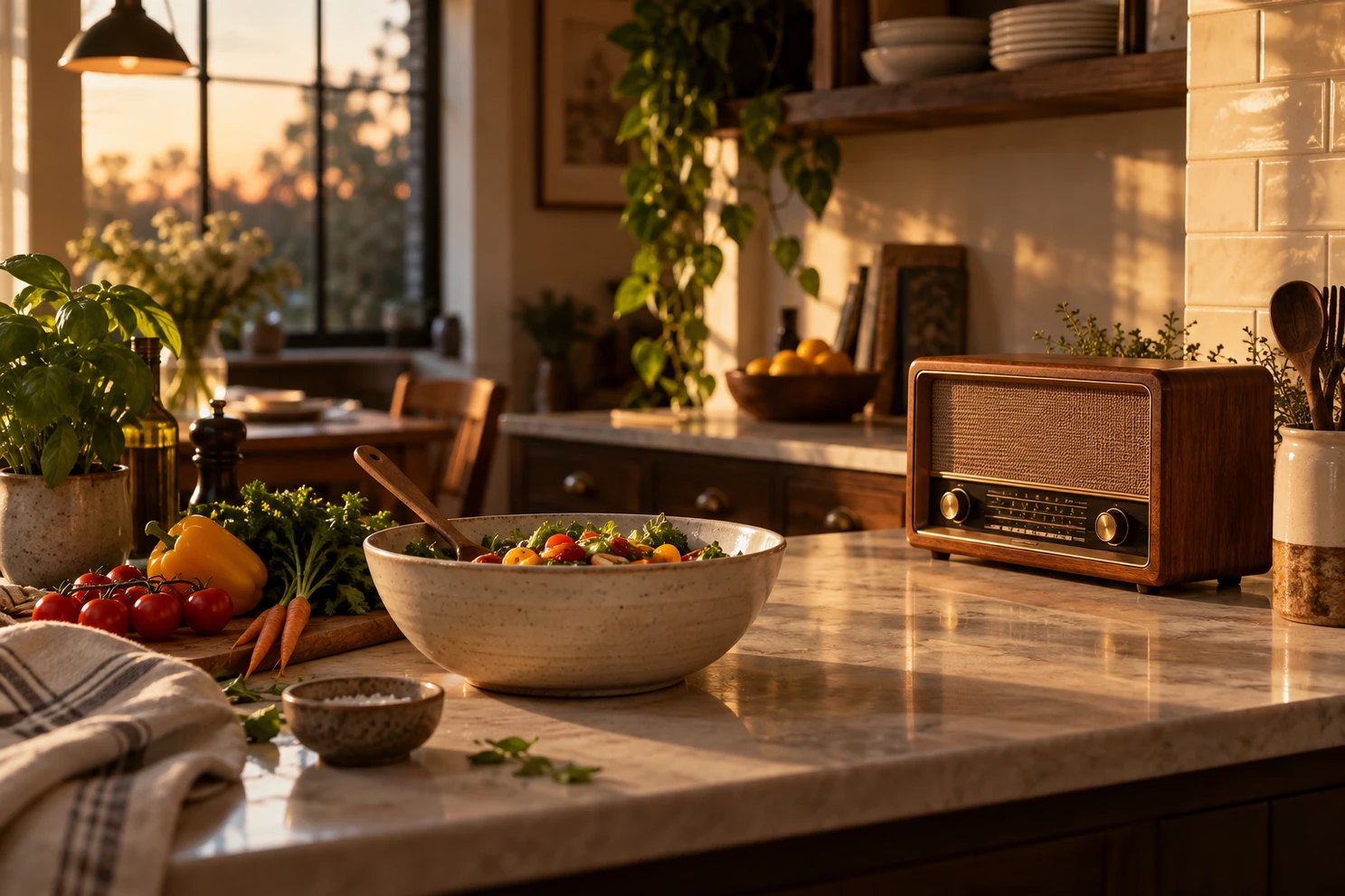 Wooden radio in a kitchen at sunset.