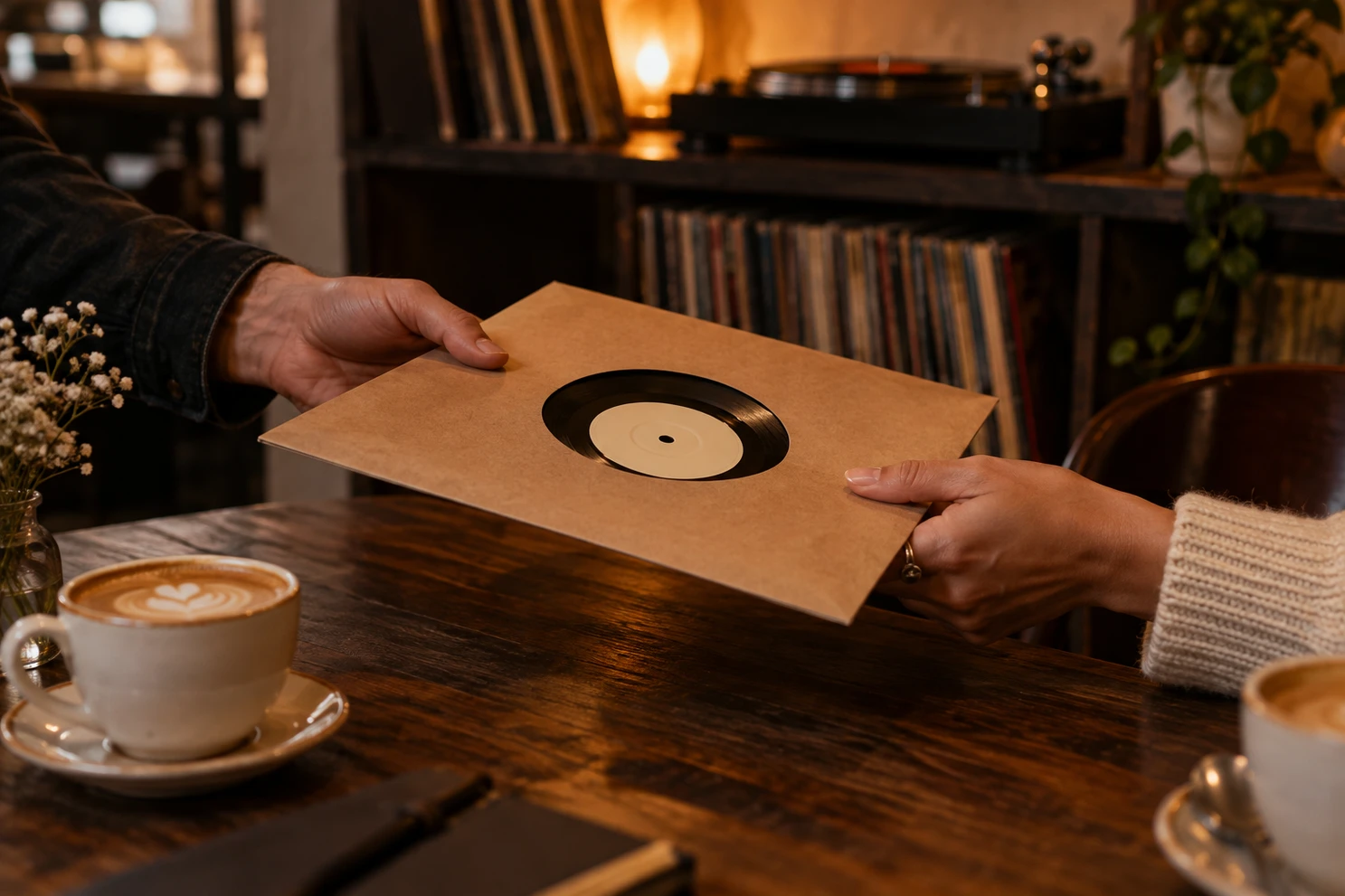 Two people sharing a record.