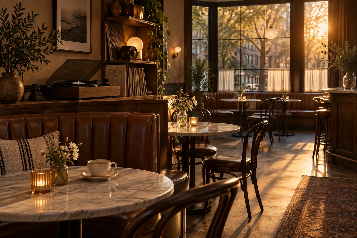 A cafe in late-afternoon sunlight.