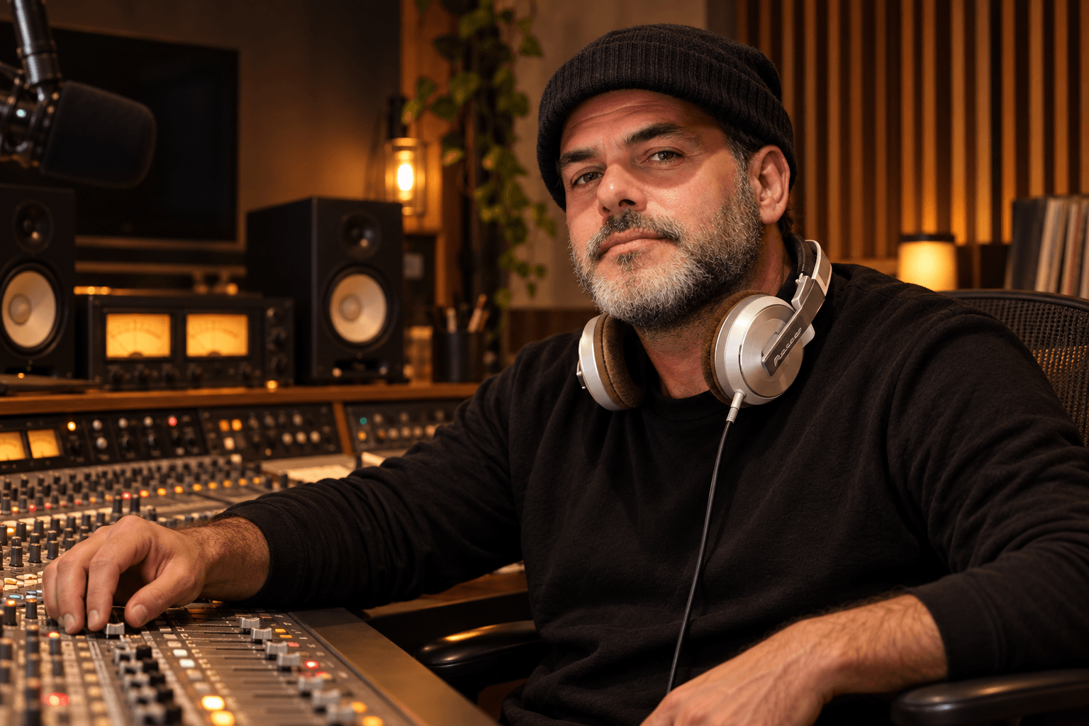 Retrato de Marcos Argañaraz en una consola de estudio, con auriculares y luz ámbar.