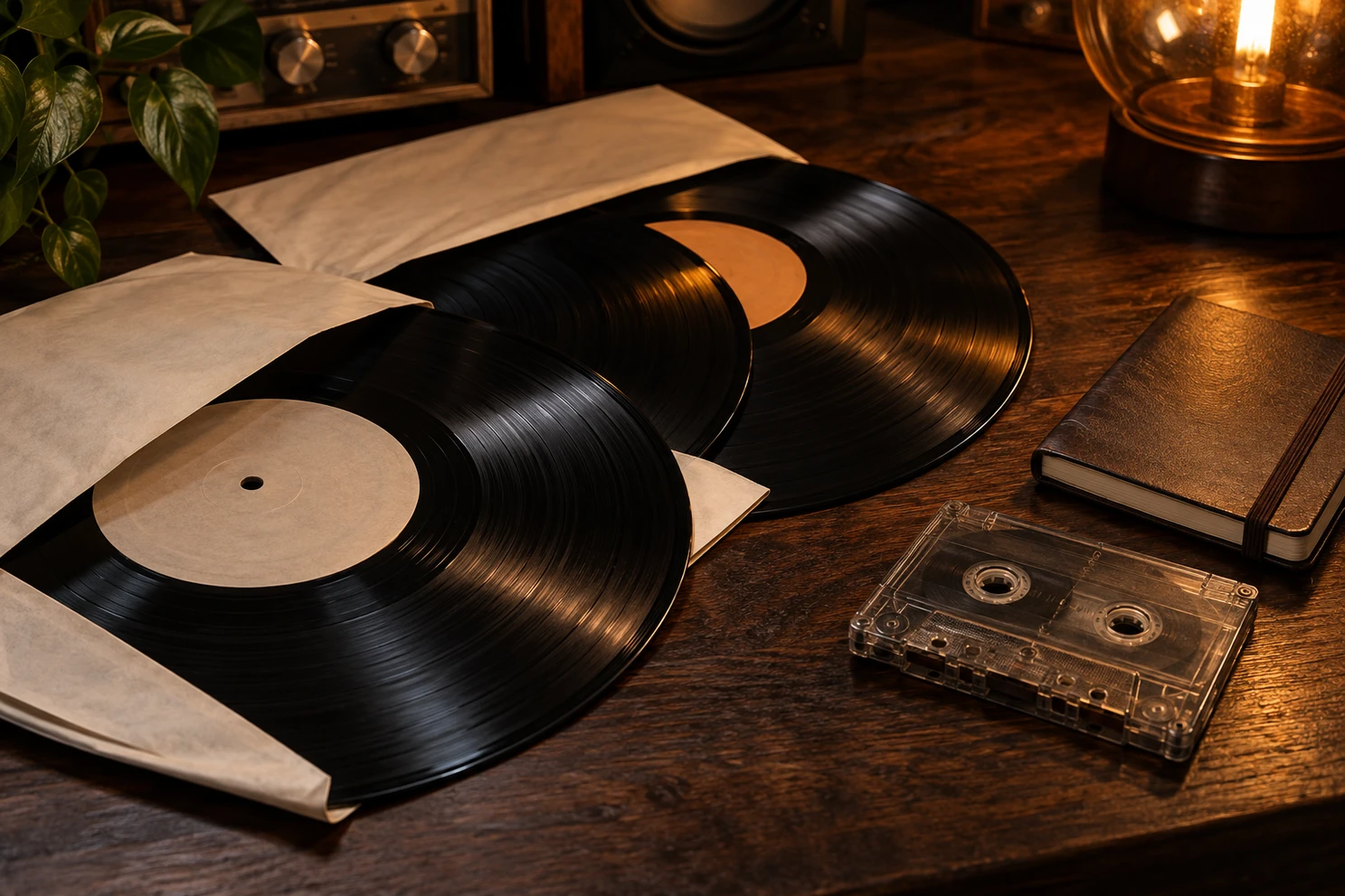 Vinyl records, a cassette and a notebook on a walnut table.