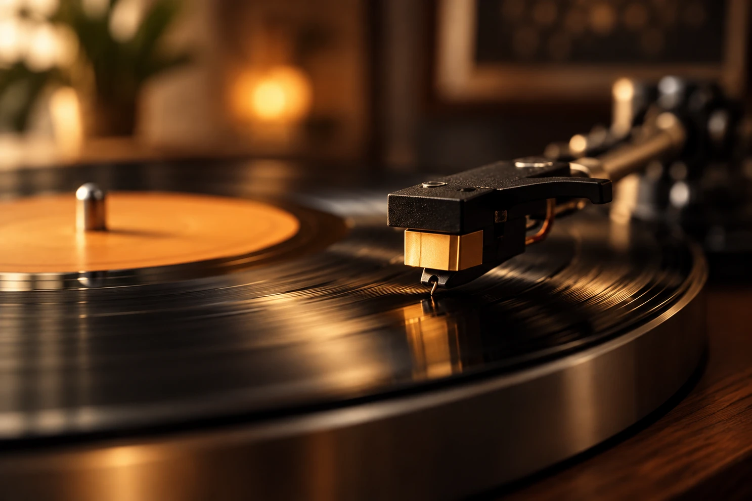 Close-up of a stylus on vinyl.